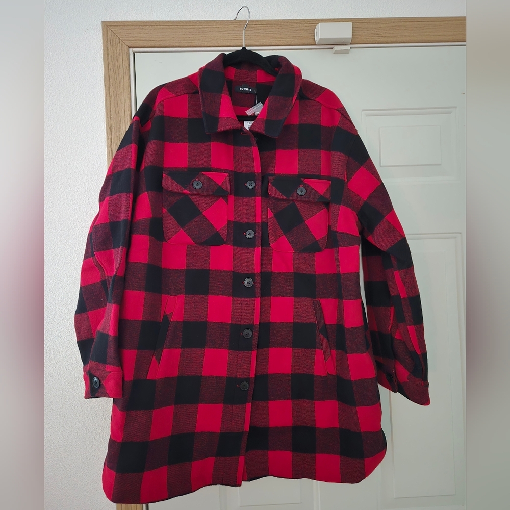 Torrid Red and Black Checkered Brushed Twill Cotton Jacket Size 2